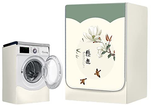 FANSU Lotus Flower Washing Machine Cover Waterproof Dustproof Front Load Washer Dryer Machine Cover Protector Sunscreen Washer Protection Tumble Dryer Cover (L (10.5-12kg),White Flowers)