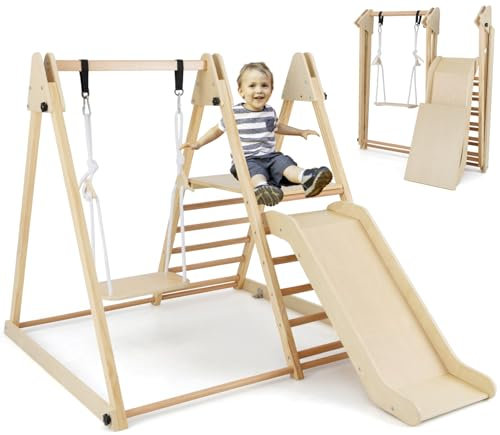 GYMAX 3 in 1 Kids Climbing Set, Wooden Toddler Swing Climber Set with Slide & Adjustable Rope, Indoor Playground Children Climbing Frame for 3 Years Old + Boys Girls (Natural)