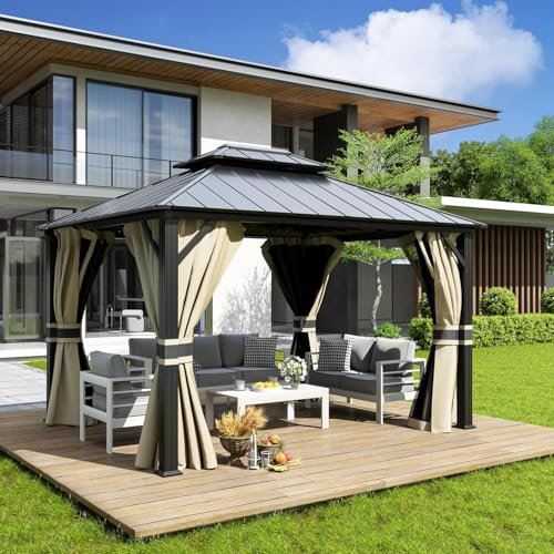 UDPATIO 3x3,65m Tonnelle de Jardin Extérieur en Aluminium, Pergola Résistante à l'eau et au Froid avec Double Toit en Acier Galvanisé, Incluant Moustiquaire et Vidéo d'Installation, Beige