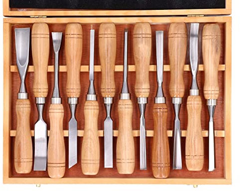 Stechbeitel Set für Holz, 12-teiliges Holzschnitzwerkzeug-Set mit Holzkiste, CRV-Klinge für DIY-Holzhandwerk