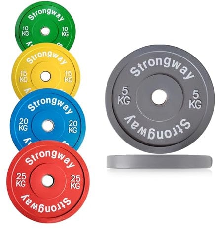 Strongway® Olympic Bumper Weight Plates Colour Coded (5KG 10KG 15KG 20KG 25KG) Discs for Barbell - 2 Inch (2) / 50mm Hole - Weight Lifting Workout Home Gym Fitness (2 X 5KG)