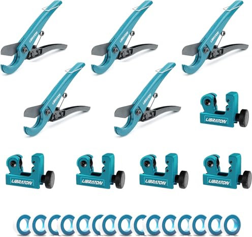 Libraton Coupeur de PEX 0-31mm, 5 Jeux de Coupe-tuyau en PVC pour Tuyaux en Plastique PEX, PVC, PPR et Tuyaux de Plomberie, avec Coupe-tube pour Aluminium 3-22mm, Ruban Plomberie en PTFE de 10 Mètres
