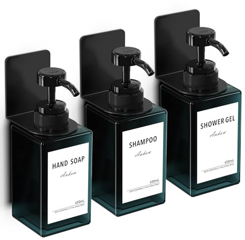 Anhow 3er Seifenspender Wandbefestigung Set, 450ml Seifenspender Wand Ohne Bohren Kunststoff Spülmittelspender mit 16pcs Wasserdichten Etiketten für Küche und Badezimmer - Blau