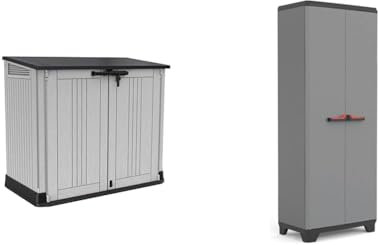 Keter Store It Out Nova Outdoor Garden Furniture Storage Shed Light Grey with Dark Grey Lid & Stilo High Indoor Garage Utility Multi purpose Cabinet - Grey/Black/Red