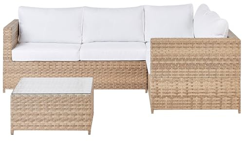 Beliani 4-Sitzer Lounge Set Rattan Hellbraun Ecksofa mit Tisch Auflagen cremeweiß Avola