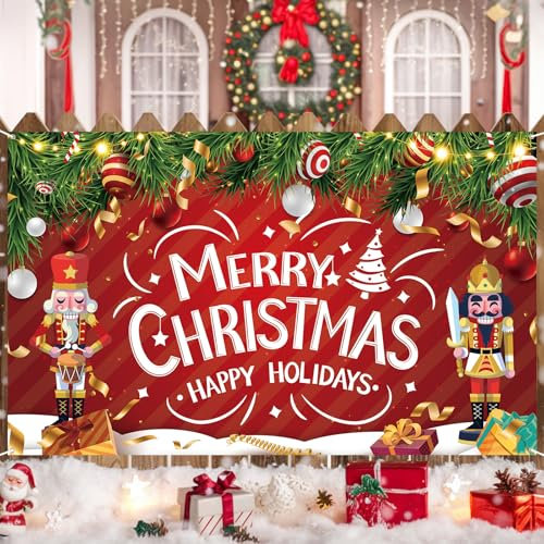 Weihnachten Banner Party Deko, Weihnachts Extra Große Rot Grün Nussknacker Hintergrund Banner Draußen Dekoration, XXL Merry Weihnachtsbanner für Weihnachten Party Drinnen Photo Booth Wand Deko