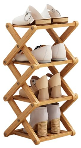 Yallmie Etagere Chaussure Bois Pliable, 26 * 26 * 62cm éTagèRe à Chaussures Verticale à 4 Niveaux Rack Chaussures Bambou Porte Chaussures sans Installation Range Chaussures