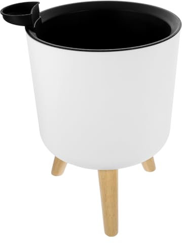 PAMINGONO Moderner Blumentopf Mit Holzständer Großer Pflanztopf Für Zuhause Ideal Für Wohnzimmer Und Schlafzimmer Weißer Übertopf Mit Innentopf Stilvolle Pflanzenständer Für Innen Und