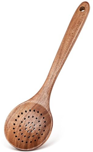 PETHOMKIT Teak Wood Slotted Spoon, 11.2 Long Handle, 1 Piece