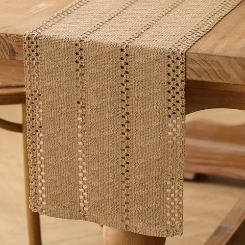 Jayusaror Tischläufer Braun Boho Makramee Modern Frühling Bauernhaus Klein Tischdecke Schmal Landhausstil Rustikaler Tisch Läufer Baumwolle Leinen Table Runner für Hochzeit Küche Deko 30x180 cm