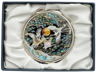February Mountain Elegant Butterfly and Floral Mother of Pearl Compact Mirror, Dual Magnification (1X & 2.5X) – Lightweight Travel Makeup Mirror in Gift Box (Three Cranes)