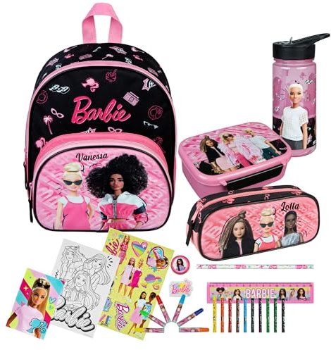 Mochila infantil Barbie para niña, personalizable con nombre, juego de mochila infantil, Set 3 - Mochila, botella de agua, fiambrera, Maltorre, estuche