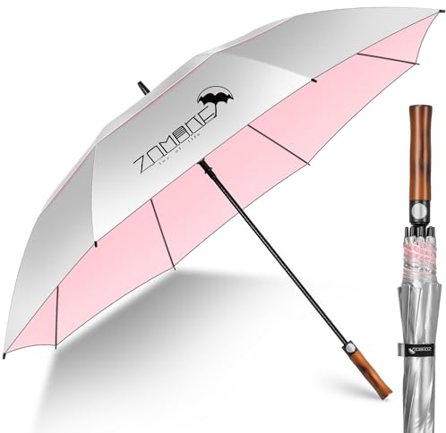 ZOMAKE 62 Pouces Ombrelle Anti UV,Grand Parapluie Golf Anti TempêTe Homme Femme, XXL Parapluies Soleil Manche En Bois Ondulé avec Double Canopée Ventilée(Argent Rose)