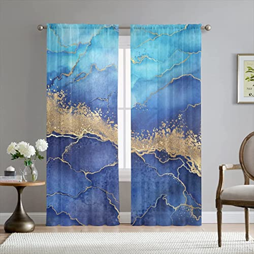 Mateju Gardinen Wohnzimmer 2er Set, Marmor Bedruckt Vorhang Halbtransparent Vorhänge Kurz Durchsichtig für Küche Schlafzimmer Kinderzimmer (blaues Gold,B108*H230cm)