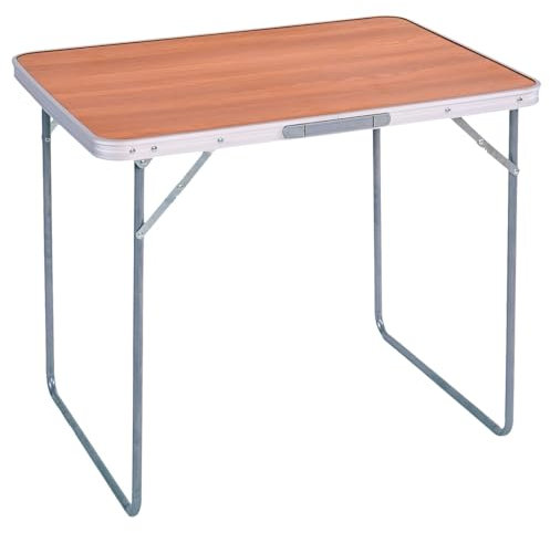 Mesa Plegable Camping y Playa 80x60x70 cm, Mesa Picnic portátil con asa Transporte, Patas Plegables Acero, Tablero MDF Aspecto Madera Nogal, marrón, antivuelco y compacta.