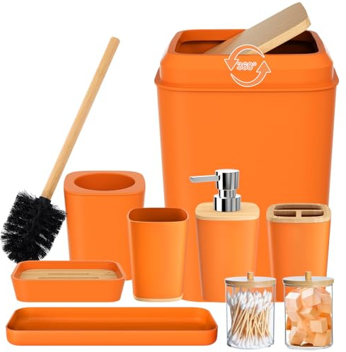 Badezimmer-Zubehör-Set bestehend aus Mülleimer, Zahnbürstenhalter, Zahnbürstenbecher, Flüssigseifenspender, Schminktisch, Seifenschale, WC-Bürste, Qtip-Halter, 9-teilig, Orange