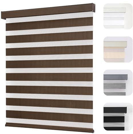 Joydeco Cordless Zebra Blinds for Windows, Dual Layer Light Control Window Blinds with Light-Proof Aluminum Cover, Free-Stop Roller Shades for Home & Office (Coffee,18 W x 48 H)
