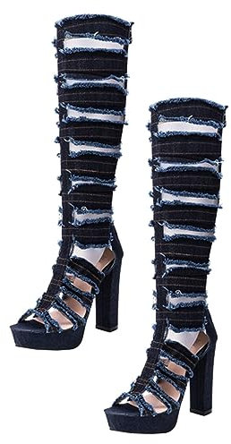 LRXIYODE 1 Paio sandali con alto ritagliati Bianco stivaletti donna stivali larghi da donna nero ciabatte estive stivali col alto sandalo con alto Tomaia: denim Blu