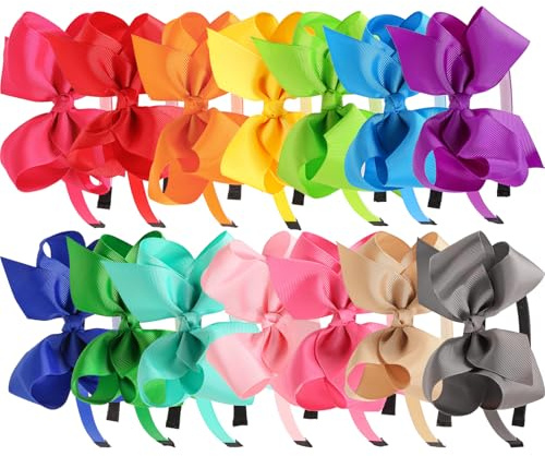 XIMA 4.5 Inch Grosgrain Ribbon Hair Bows Headbands,Rainbow and Pastel Colors Girls Toddlers Teens Kids Children Hair Accessories Pack of 14