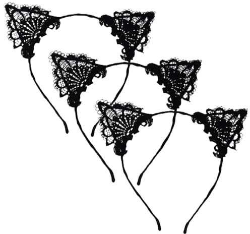 GWAWG 3PCS Bandeau à Oreilles de Chat en Dentelle Noire pour Femmes et Filles - Accessoire de Cheveux pour Costume d'Halloween, Fête Cosplay, Noël, Anniversaire et Célébrations