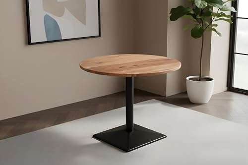 SAM Bistrotisch Emilio | Ø 80 cm Rund | Akazienholz massiv | Farbe: Natur | gerade Kante | schwarzes Säulengestell aus Metall eckige Base | Säulentisch/Esstisch für Küche, Café & Essbereich