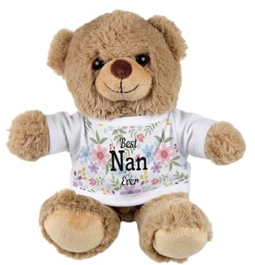 Purely Home Best Nan Teddy Bear - Small Plush Bear for Best Ever Nans - Light Brown Stuffed Animal with Floral Print T-Shirt