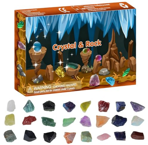 Crystal Rock Adventskalender 2025, 24-Tage Weihnachts Sammlerstücke Natursteine Countdown Kalender Mit Mineralien Und Geographie-Motiven Edelsteine Weihnachtskalender Für Kinder Erwachsene