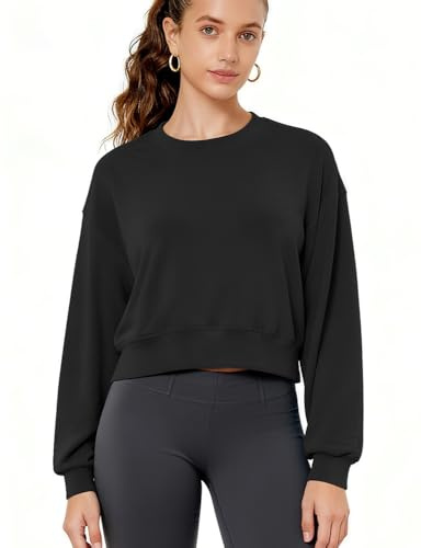 ineepor Modal Crop Top Damen Bauchfrei Langarmshirt Pullover Kurz Oversized Fallschulter, Seidenweich Atmungsaktiv für Yoga Sport Freizeit Basic Oberteil Rundhals Longsleeve