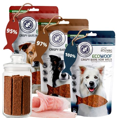 ECO WOOF Fisch Hundesnack Mix - Kaustreifen vom Wels Probierpaket - 375 g - 3 Sorten - Wels Pur | Kürbiskern | Bierhefe - Getreidefreie Fisch-Hundeleckerli - Unterstützt Zahnpflege & Verdauung