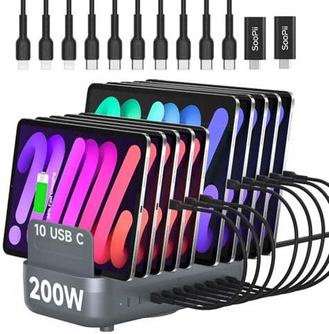 SooPii 200W USB-C Ladestation, 10-Port PD Schnellladegerät mit 20W Max pro Port, 10 gemischte Kurze Kabel inklusive, Ladeorganizer für Handys, Tablets und andere Elektronikgeräte (Grau)
