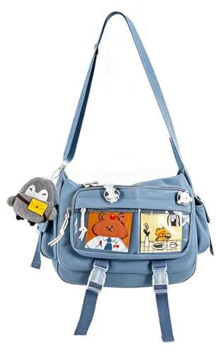 GZXGMY Ita Bag Kawaii Umhängetasche Y2K, Messenger Bag für Damen mit transparentem Fenster, Pins und Anhängern, leichte Handtasche für Anime, Schule, Alltag