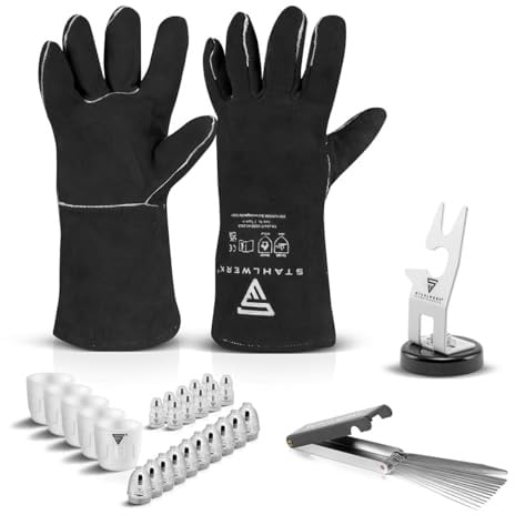 STAHLWERK Plasmaschneider-Zubehör-Set – Plasma- und WIG-Brennerhalter, Hitzeschutz-Handschuhe PSA, Düsenreiniger (0,8–1,9 mm) mit Feile im Lederetui, P-80 Verschleißteile-Set 25-tlg.
