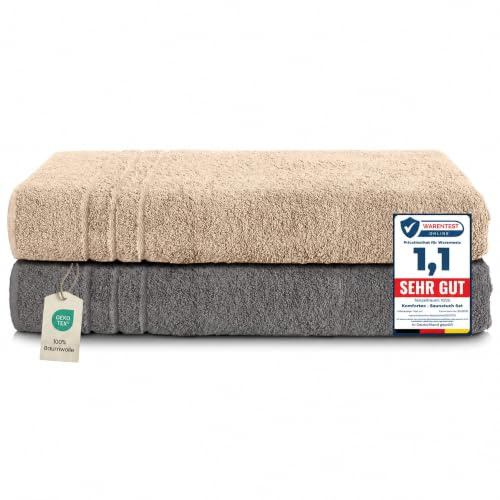 Komfortec 2er Saunahandtuch Set XXL 80x200 cm, 100% Baumwolle | Große Saunatücher aus 100% Baumwolle, XXL Set, Saugstark, Flauschig und Schnelltrocknend, Anthrazit/Beige