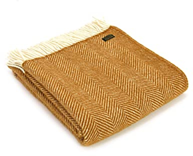Tweedmill Textiles Überwurf aus 100% Reiner Schurwolle, Fischgrätenmuster, senffarben, 150 x 180 cm