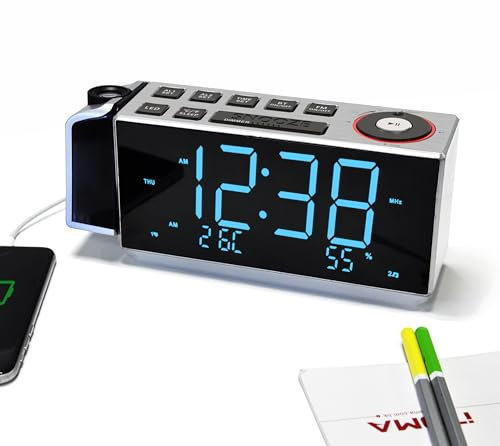 iTOMA Projektionswecker mit UKW-Radio, USB-Aufladung, 1.8'' LED-Anzeige, Nachtlicht, Doppelalarm, Snooze, Dimmersteuerung, Nachttischuhr Radio CKS509