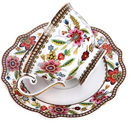 fanquare Vintage Tasse à Café en Porcelaine Fine Motif Fleurs Rouges, Ensemble de Tasse avec Soucoupe en Porcelaine, 200 ML
