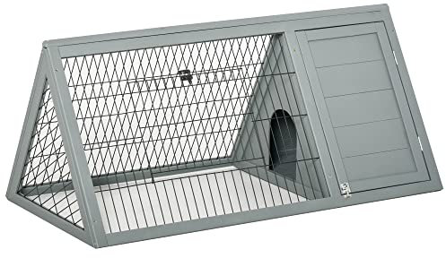 PawHut Kleintierstall 3-eckig Kleintiergehege, Kleintierkäfig mit Tür Meerschweinchenstall, Kleintierhaus Auslauf aus Tannenholz, Grau, 116 x 62,2 x 52,5 cm