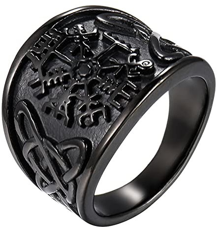 JewelryWe Schmuck Herren-Ring Edelstahl Vintage Wikinger Rune Kompass Vegvisir Ringe mit Keltischen Knoten Männer Bandringe Gravur, Schwarz Größe 76