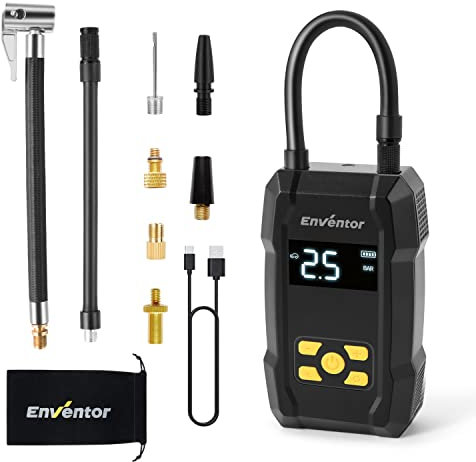 Portable Elektrische Luftpumpe, ENVENTOR Akku Kompressor, Mini Elektrische Fahrradpumpe mit Digitale Anzeige, 2000mAh USB-Powerbank, 150PSI Luftpumpe für Auto, Fahrrad, Motorrad, E-Scooter etc.