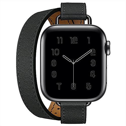 MOOTES Cinturino,Compatibile con Apple Watch Cinturino 49mm 45mm 44mm 42mm,Donna Double Tour Cinturini in Vera Pelle per iWatch Series 8/7/6/5/4/3/2/1/SE(42/44/45/49mm,Double Tour -Nero)