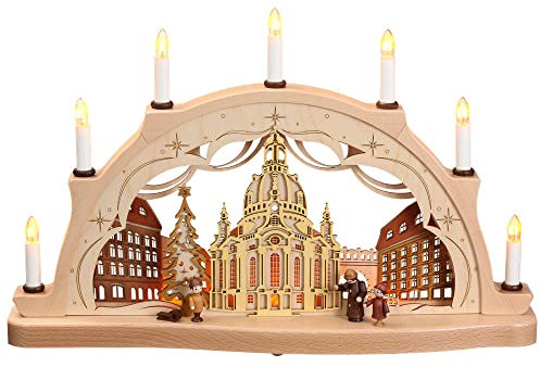 Rudolphs Schatzkiste Schwibbogen Dresdener Frauenkirche mit Besucher EL. Beleuchtung BxHxT 52x33x8,5cm NEU Lichterbogen Fensterbogen Spitzbogen Erzgebirge Weihnachten Bergbau Bergmann Licht Holz