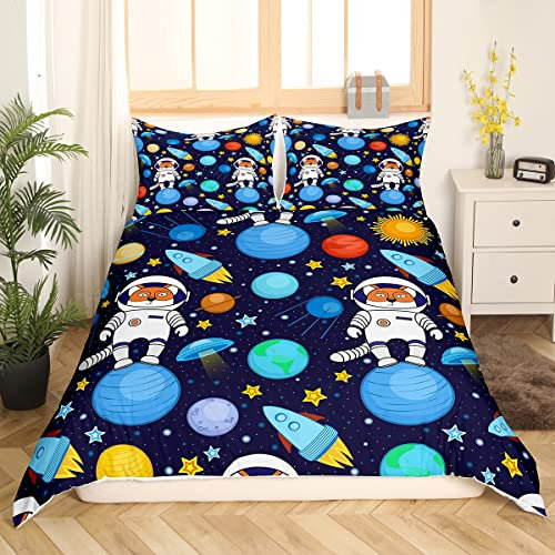Fox Astronaut Bettwäsche 135 x 200 Jungen Mystic Weltraum Bettbezug Sonne Mond Sterne Drucken Bettwäsche Set Rakete Raumschiff Bettbezug für Kinder Jugend Karikatur Stil Bettwäsche Set 2 Stück