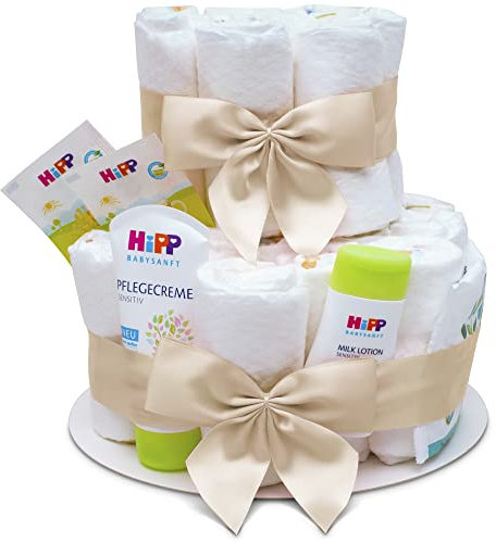 MilaBoo® 2-stöckige Windeltorte neutral mit Premiumprodukten I Besonderes Geschenk zur Geburt I Persönliches Babygeschenk zur Taufe und Babyparty (beige)
