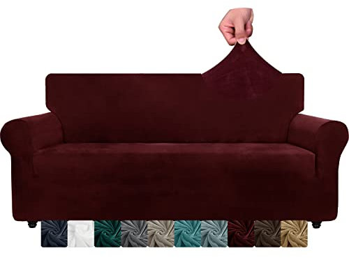 XINEAGE Samt Sofaüberzug 3 Sitzer, Stretch Sofa überzug für Wohnzimmer, Dicke Weiche Sofaüberwurf, Rutschfester Sofa Cover für Hunde, Haustiere (3 Sitzer, Weinrot)