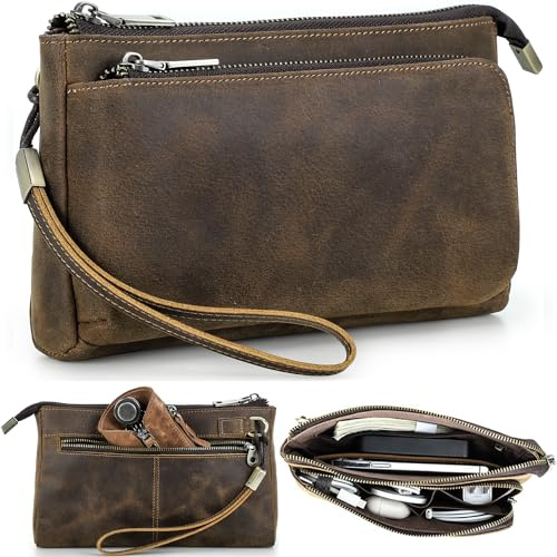 Electronic Organizer Zipper Bag Tech Kit, Top Grain Leather Handmade, Portable Compact Travel Apple Accessories Storage Pouch Fits Phone, USB Cables, Power Banks, Chargers, Hard Drive, Dark Brown