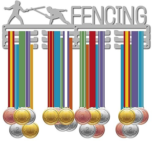 CREATCABIN Fechten Medaillenaufhänger Display Medaillenhalter Rack Sport Metall Hängen Sportler Auszeichnungen Eisen Wandhalterung Dekor Für Heimabzeichen Zaun Schwarz 40x13cm,Silbern Silberfarbig
