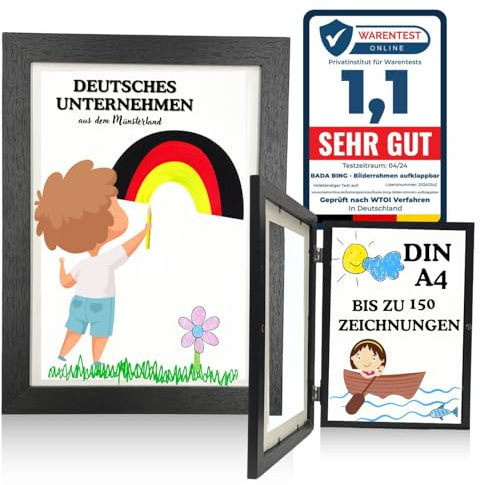 Bada Bing Bilderrahmen A4 für Kinderzeichnungen in schwarz - Kunstfotorahmen aufklappbar mit Frontöffnung für bis zu 150 Kinderbilder - Befüllbarer Fotorahmen - Rahmen zum Sammeln von Bildern