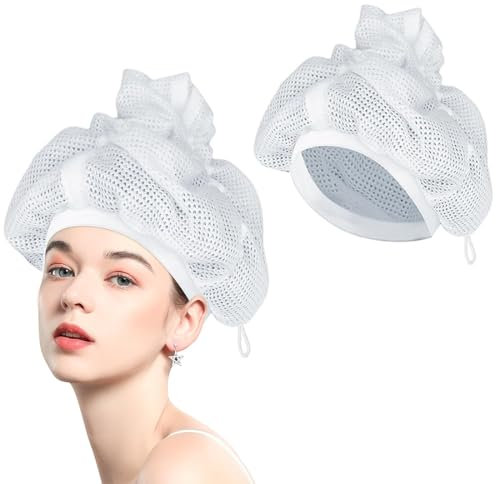 KSJEHW Net Plopping Cap für Lockiges Haar | Trockenhauben für Lockigem Haare | Haarnetz Plopping Haube mit Verstellbarem Kordelzug | Net Plopping Cap for Drying Curly Hair(Weiß)