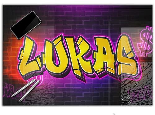 Gamer Schreibtischunterlage personalisiert mit Namen | wasserfeste Schreibunterlage, abwischbar, hochwertiges Acrylglas, gaming Motiv Teenager Kunststoff | 60x40cm Graffiti