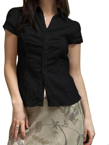 YILEEGOO Women's Basic Button Down Shirts Cap Sleeve Lapel Collar Tight Blouse Tie Up Back Slim Fit Tops Summer Office Shirt (Black, S)